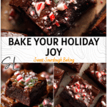 Square slices of chocolate peppermint brownies made with sourdough starter discard and topped with mint pieces.